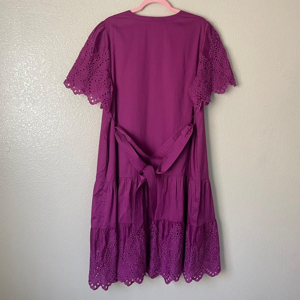 Soft Surroundings Dress XL Petite Purple Midi Eyelet Tiered Belted Cotton Pocket - Picture 8 of 12